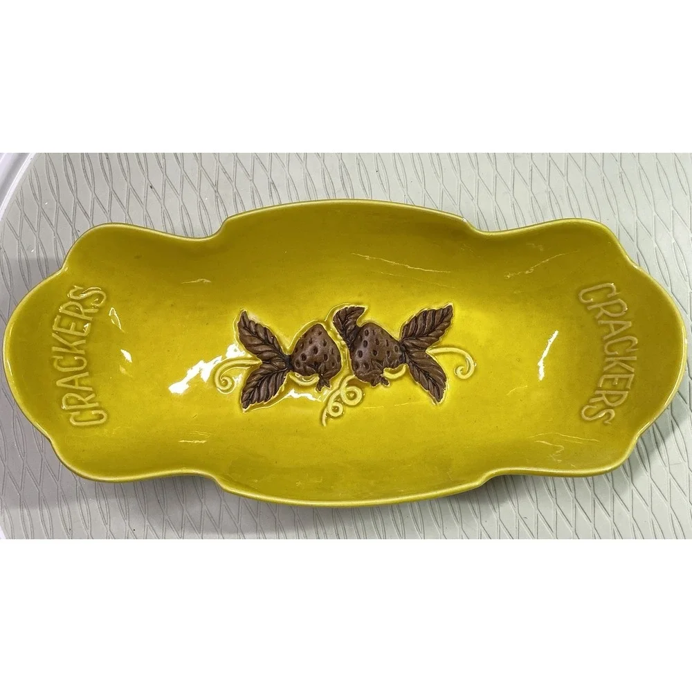 Vintage Treasure Craft USA Pottery Cracker Dish, W/strawberries Yellow 12